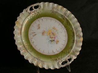 Antique European Hand Painted Porcelain Scalloped Cake Plate W/pierced Handles photo