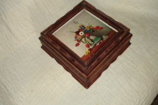 Antique Decorative Wooden Box Opens/closes Held Hankies,  Collars,  Misc.  W/mirror photo