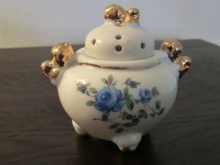 Small 3 - Footed Potpourri Holder? Gold Accents,  Marked.  Mint Very Unique Piece photo
