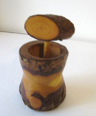 Vintage Hand Carved Wood Tree Bark Toothpick Holder Folk Art Treen Ware Nr photo