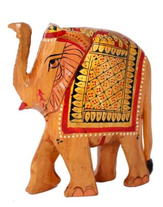 Hand Crafted Indian Royal Elephant Gold Meenakari Painted Wooden Sculpture Statu photo