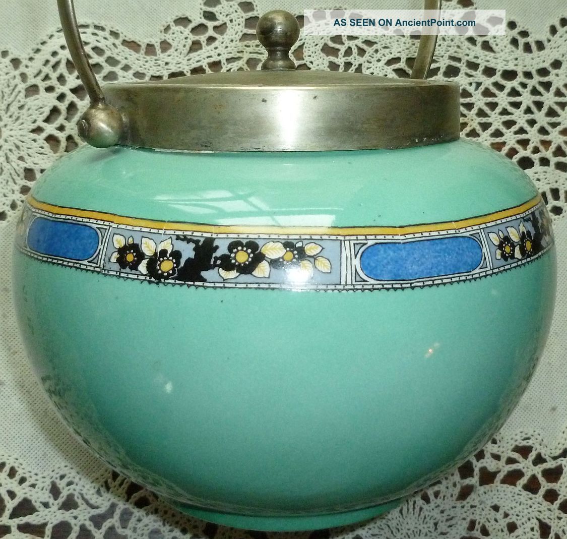 Antique Porcelain Turquoise Biscuit Jar Newport Pottery Burslem England Epns Lid Jars photo