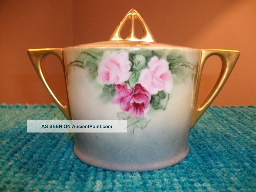 Antique Bavaria Covered Sugar Bowl Pink Roses Creamers & Sugar Bowls photo