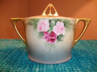 Antique Bavaria Covered Sugar Bowl Pink Roses photo