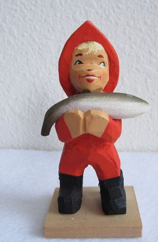 Vintage Norway Norwegian Fisher Boy Figure Carved By Hand Henning photo