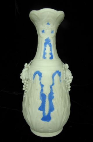 Excellent Parian Ware Bisque Vase Applied Grapes Vase Blue Accents 1880s photo