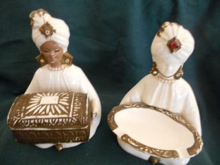 Pair Of Antique Indian Figurines Holding Cigarette Box And Ashtray Art Deco photo
