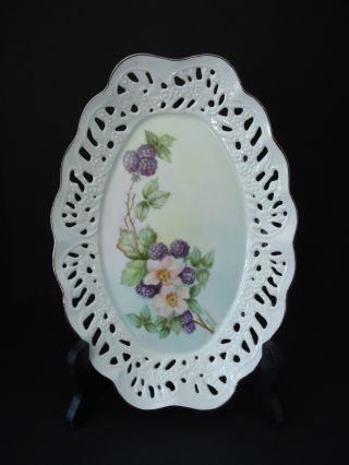 Handpainted Laced Oval Plate,  Signed,  Raspberry & Cherry Blossoms,  Nr photo