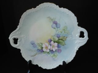 Handpainted Cake Plate,  Signed,  Raspberry & Cherry Blossoms,  Excond Nr photo