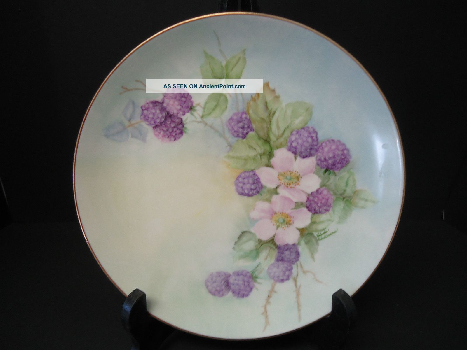 Handpainted Plate,  Signed,  Raspberry & Cherry Blossoms,  Excond Nr Other photo