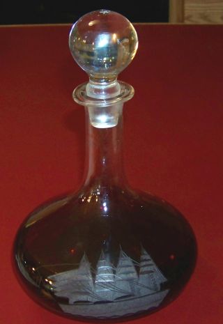 Antique Fine Blown Etched Ships Decanter W Orig.  Stopper photo