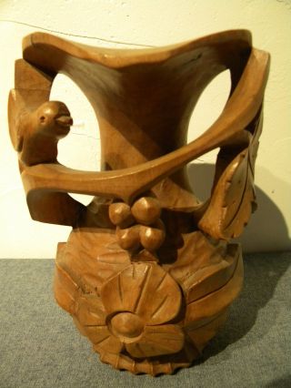 Wood Hand - Carved Decorative Vase With A Bird photo