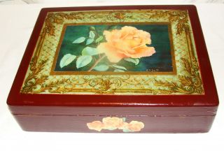 Wood Treasure Box Trinket Storage Hand Painted Roses & Birds Inside Antique Vgc photo