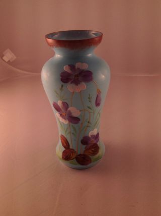 Antique Blue Bristol Glass Vase Victorian Hand Painted Vase photo