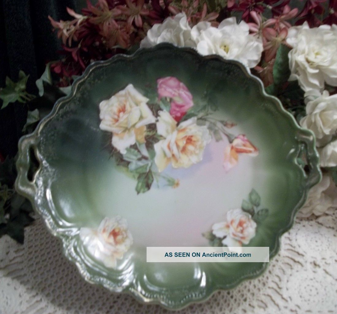 Lovely Bavarian Serving Plate - Pink & Yellow Roses On Green Plates & Chargers photo