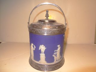 Spectacular Antique English Wedgwood Biscuit Jar Silver Plate Trim C.  1840 - 1860 photo