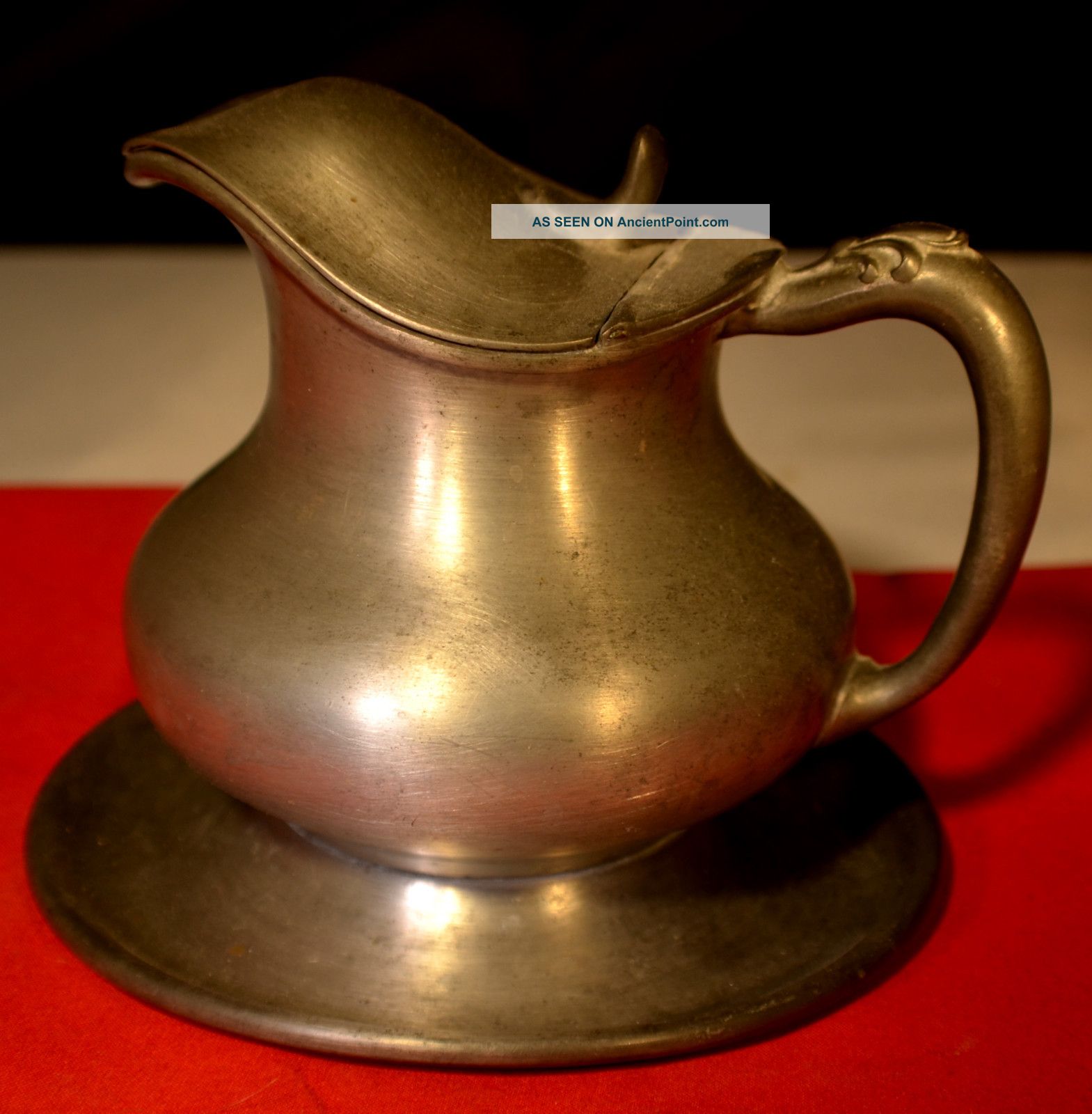 Art Nuveau Era Pewter Syrup Pitcher & Integral Underplate 4 