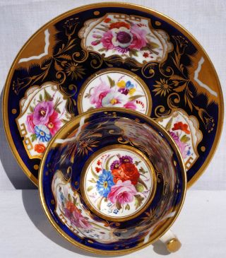 Antique 19th C Tea Cup & Saucer Hand Painted Flowers Cobalt & Gold English China photo