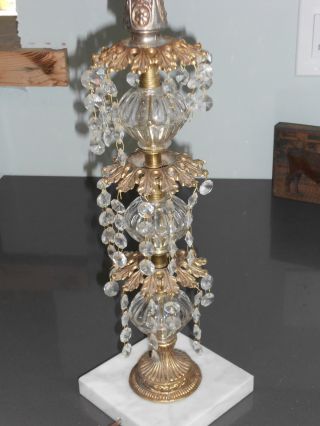 Antique / Vintage Brass & Marble Table Lamp Base With Crystals photo