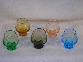 Antique 19th C.  5 Piece Set Of Handblown,  Engraved Cordial Glasses In Asst Colors photo