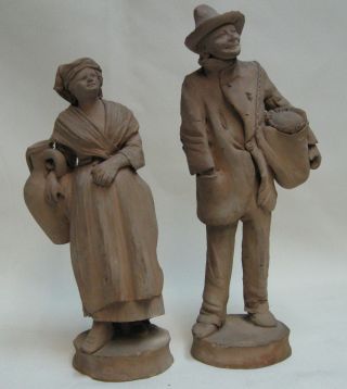 Old Antique Terracotta Pottery Pair Of Peasants Figurines 7 1/2 & 8 1/2 Inch photo