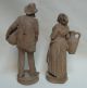 Old Antique Terracotta Pottery Pair Of Peasants Figurines 7 1/2 & 8 1/2 Inch Figurines photo 1