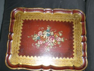 Vintage Florentine Toleware Tole Painted Serving Tray Gold Gilt Rectangular photo