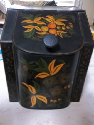 Antique 19c.  Toleware Tole Chinoiserie Tea Bin Tin Cannister Box Hand Painted photo