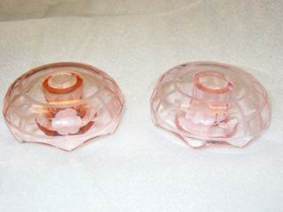1920 ' S Or Pink Depression Glass Candle Holders W/etched Floral Design,  Exc.  Cond photo