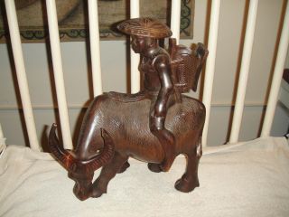Vintage Wood Carving Of Buffalo & Man Riding It - Very Large Carving - Detailed - Wow photo