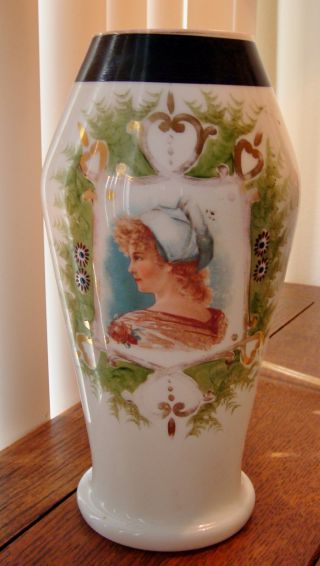 Antique Victorian Edwardian Portrait Vase German Girl Lady Hand Painted Deco photo