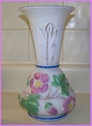 Antique Mold Blown Painted Milk Glass Vase Flowers Vines Leaves photo