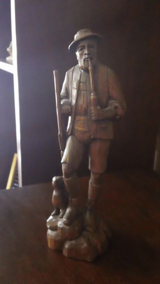 Antique German Black Forest Wood Carved Large Statue Figurine Of Hunter With Dog photo