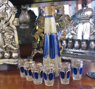 Antique Czech Decanter & 6 Shot Glasses - The Jewish Holiday Set. photo