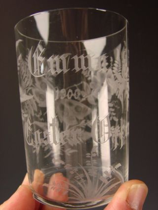 Antique New England Glass Fern Engraved Commemorative Glass Tumbler Scenic C1890 photo