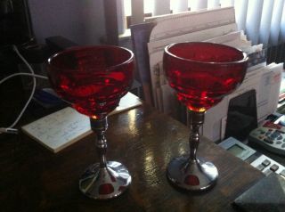 2 Vintage Martinsville Ruby Red Moondrops Cordials With Chrome Stem photo