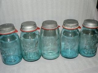 5 Vintage Antique Blue Ball Mason Jars Glass Wedding Vases 1896 - 1923 Zinc Lids photo