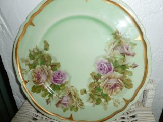 Antique Porcelain Floral Gold Gilded Bavarian German Plate Roses Green Imperial photo