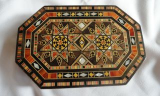 Vintage Oblong Hexigon Inlay Wood With Mother Of Pearl Box Felt Lined photo