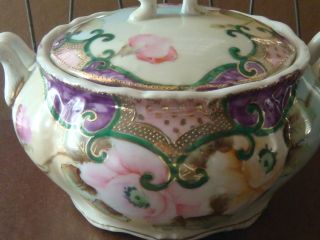 Vintage Handpainted Porcelain Cermamic Gold Relief Deco Pink Roses Jar Pot photo