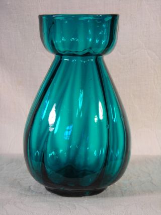 Antique Early 19th Century Handblown Teal Blue Vase W/ Vertical Ribbed Swirl photo