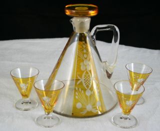 Glass Decanter Set Antique European Hand Blown Unique Cylindrical Design,  Signed photo