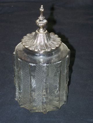 Pressed Glass Jar Silver Metal Lid Cover Old Pickle Castor ? Apothecary Dish See photo