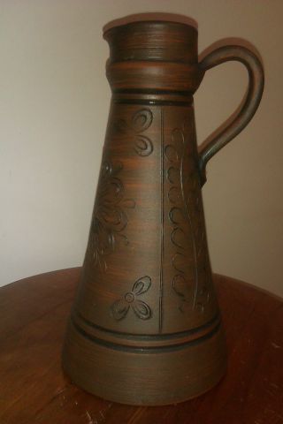 Vintage Handarbeit Clay Pitcher - With Decorative Deep Etching.  Made In Germany. photo