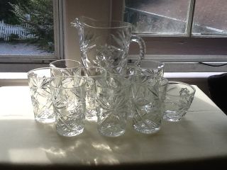 Anchor Hocking Vintage Glass Star Pitcher With 8 Matching Glasses photo