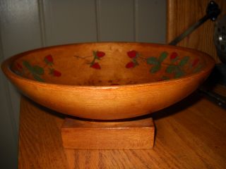 Vintage Wooden Pedestal Wood Fruit Bowl Engraved Strawberry Design Wood Bowl photo