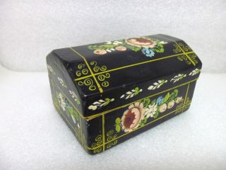 Antique Vintage Treasure Chest Jewelry Ring Box Hp Roses Black Lacquer On Wood photo