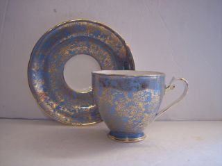 Vintage Royal Grafton England Gold Floral On Blue Tea Cup & Saucer Loop Handle photo