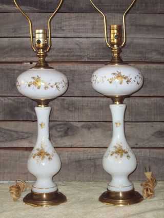 2 Milk Glass With Gold Floral Design Lamps With Solid Brass Base. photo