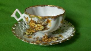 Relco Yellow Rose Gold Trim Footed Teacup Pierced Reticulated Saucer photo